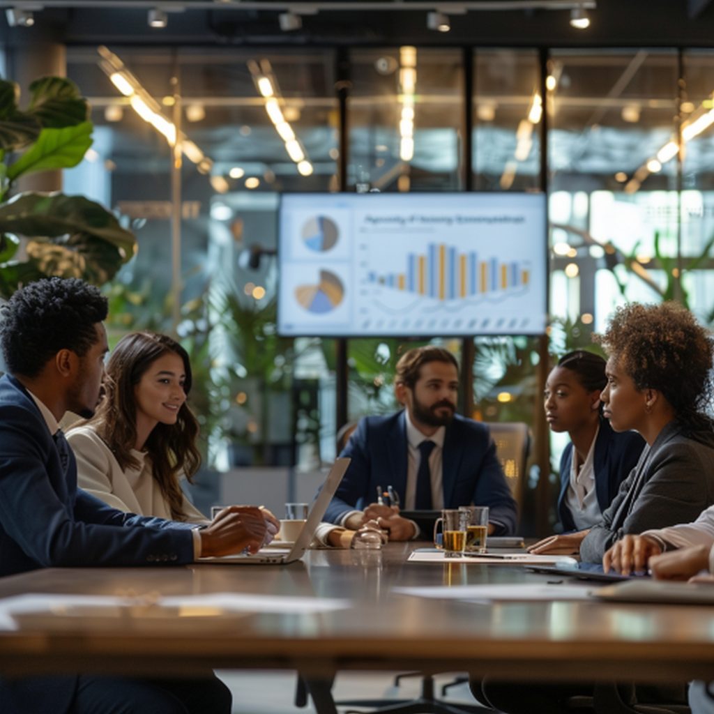 group people are sitting around table with screen them that says graph graph