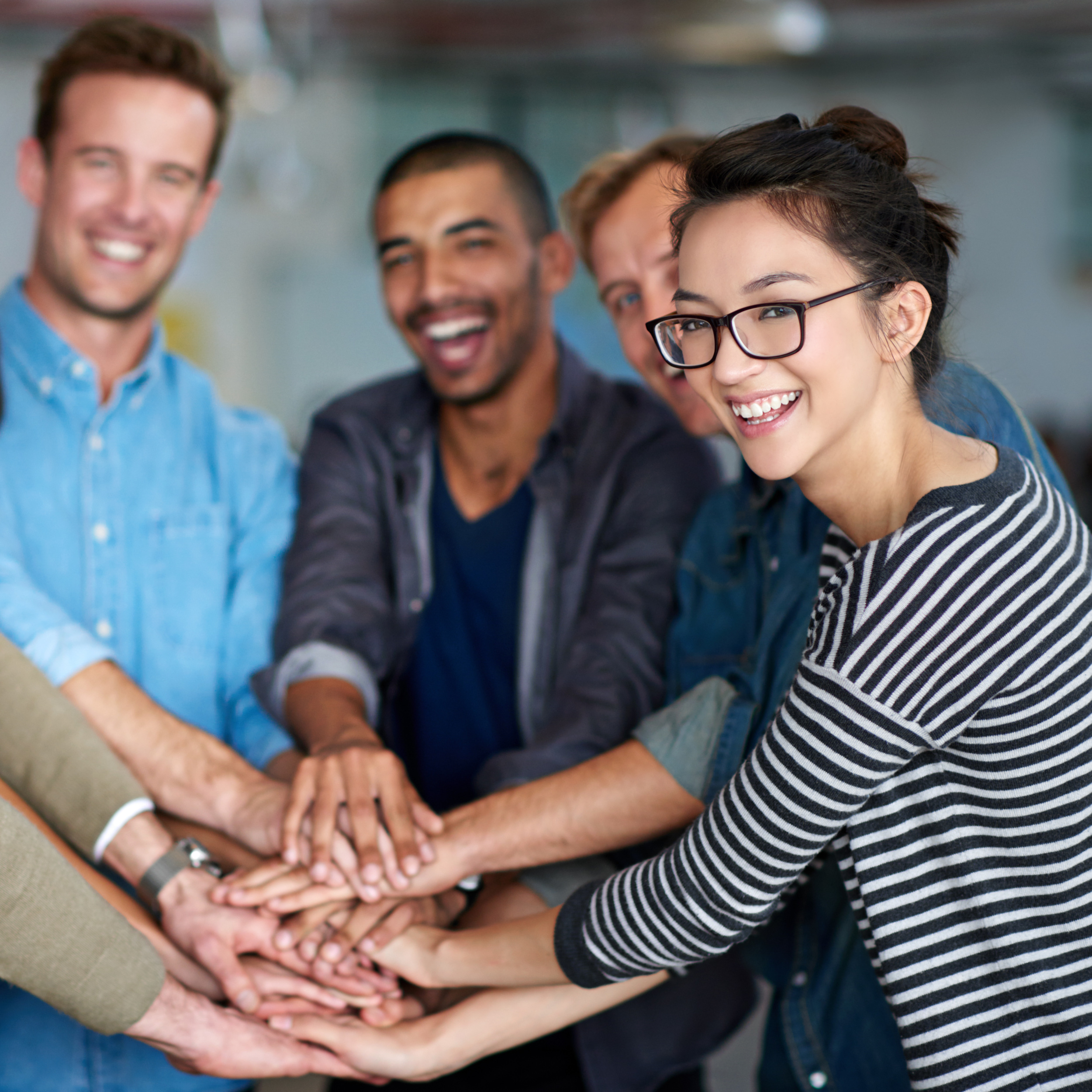 Happy People Portrait Meeting With Hands Together Synergy Collaboration Teamwork Unity Office Excited Group Employees Colleagues Piling Motivation Agreement Workplace