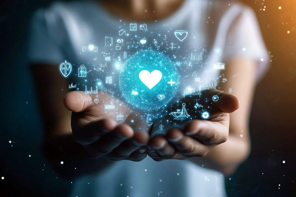 uma mulher segura um coracao nas maos com as palavras amor na tela