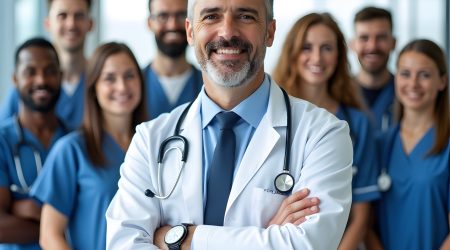 senior doctor with team young professionals posing modern hospital reflecting teamwork expert